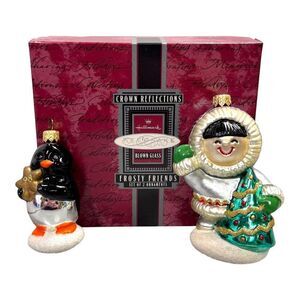 Hallmark Frosty Friends Blown Glass Ornament Set Of 2 Penguin and Eskimo Vintage